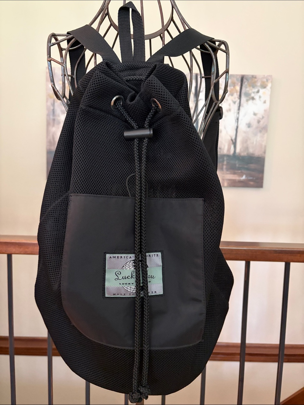 NEW Lucky Brand Lightweight Black Mesh Drawstring Rucksack Front Patch Pocket